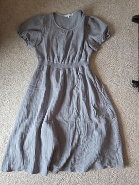 Smocked-Waist Slate Blue Midi Dress with Puff Sleeves